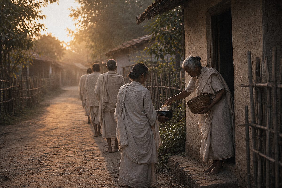Figures walking a village lane at dawn with alms bowls, a woman offering rice from her doorway