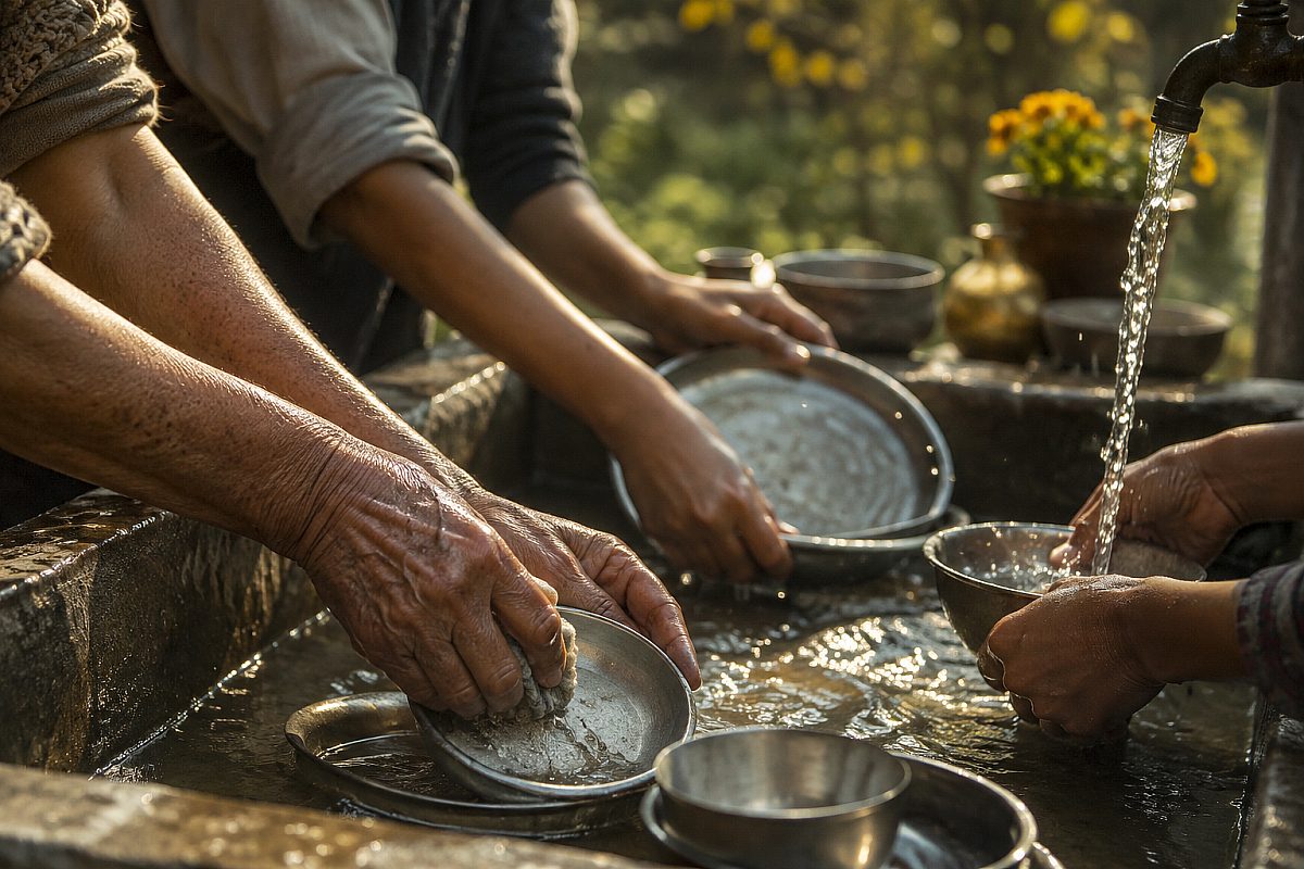 Hands of different ages washing dishes together at an outdoor sink in golden afternoon light