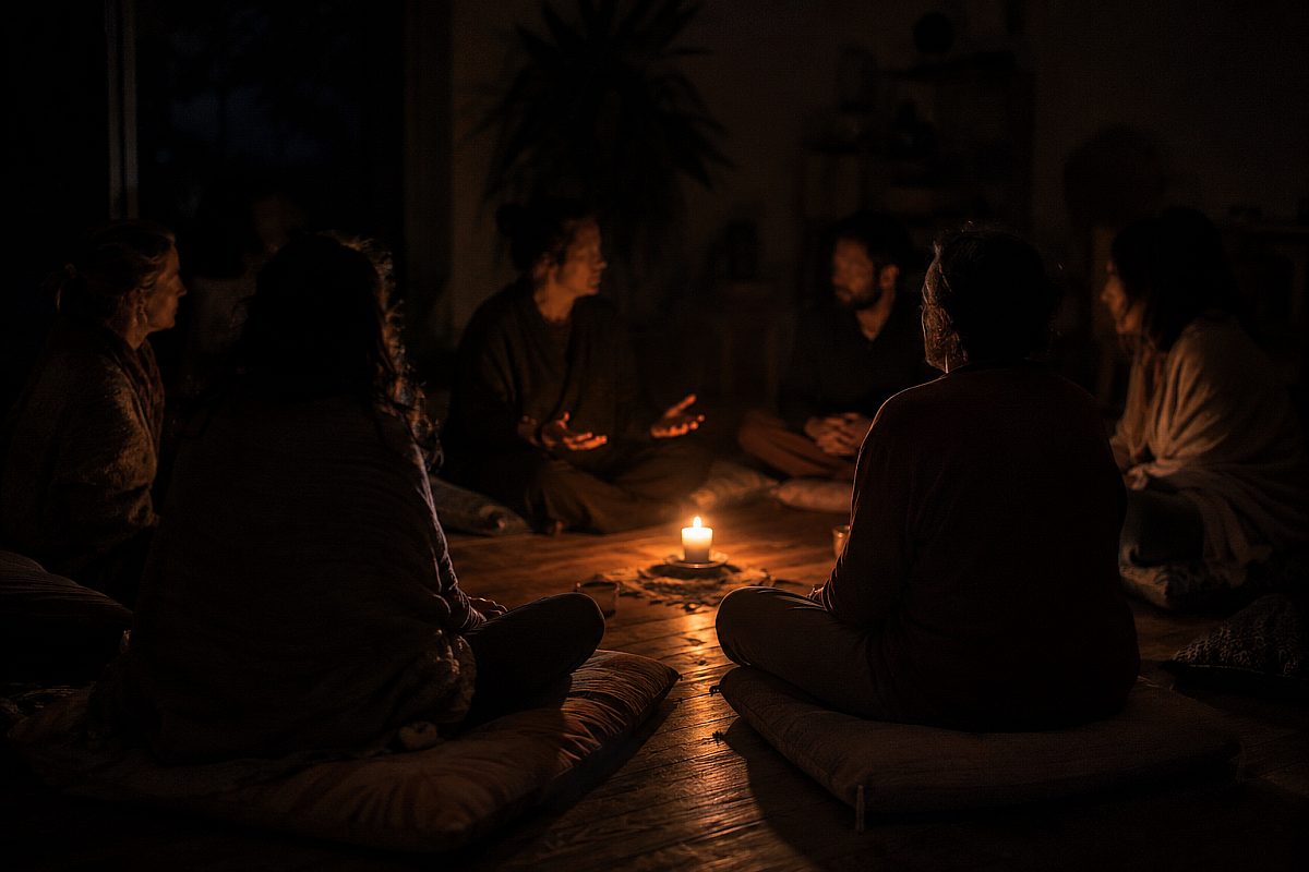 Seven people seated in a candlelit circle at night, one speaking with open hands