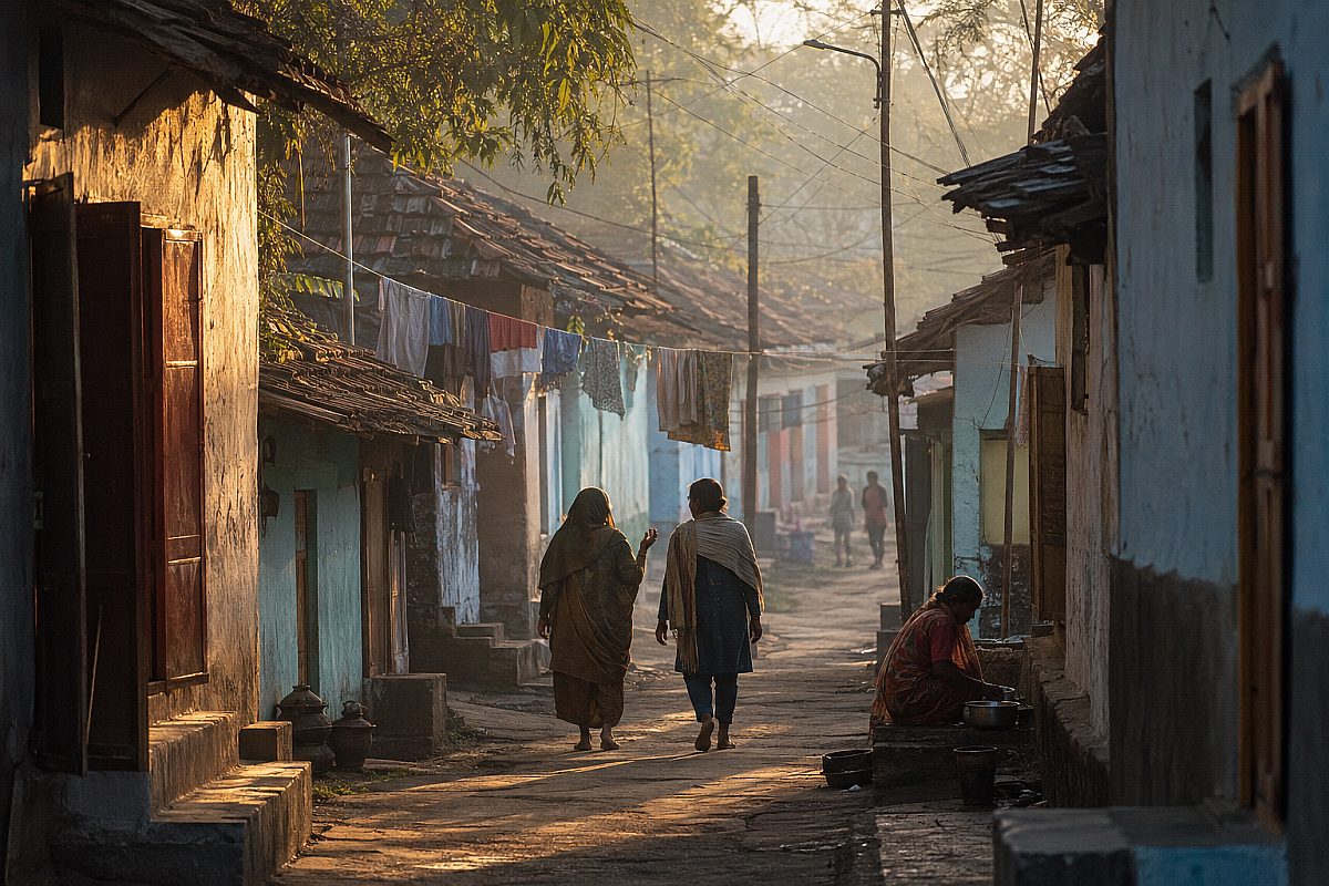 Two people walking side by side down a narrow village lane in soft morning light
