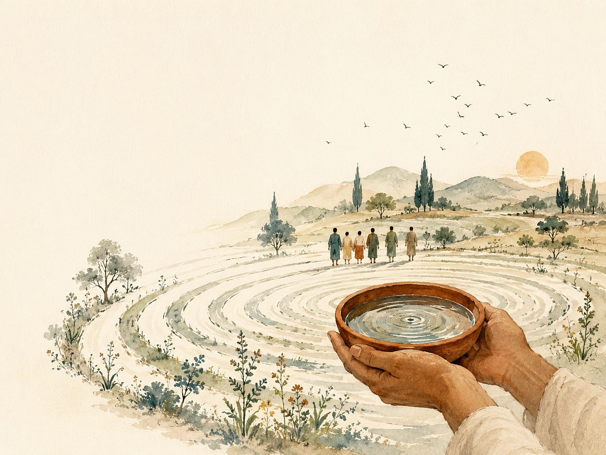 Open hands cradling a clay bowl of still water, its ripples widening into terraced fields where a few people walk together